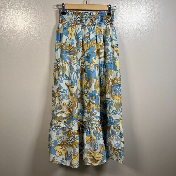 Faherty Ivy Maxi Skirt Size XXS Paradise Blossom Floral Blue Silk Organic Cotton - Picture 1 of 7